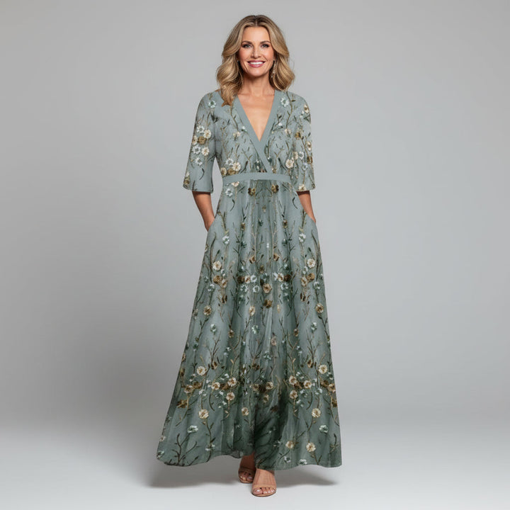 Dames Geborduurde Bloemenprint Maxi Jurk