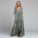 Dames Geborduurde Bloemenprint Maxi Jurk