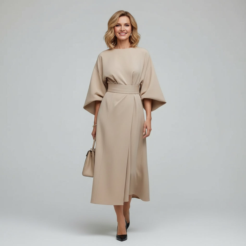Dames Midi Jurk met Riem en Wijde Mouwen