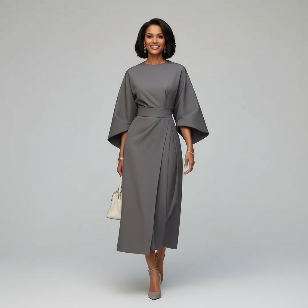 Dames Midi Jurk met Riem en Wijde Mouwen