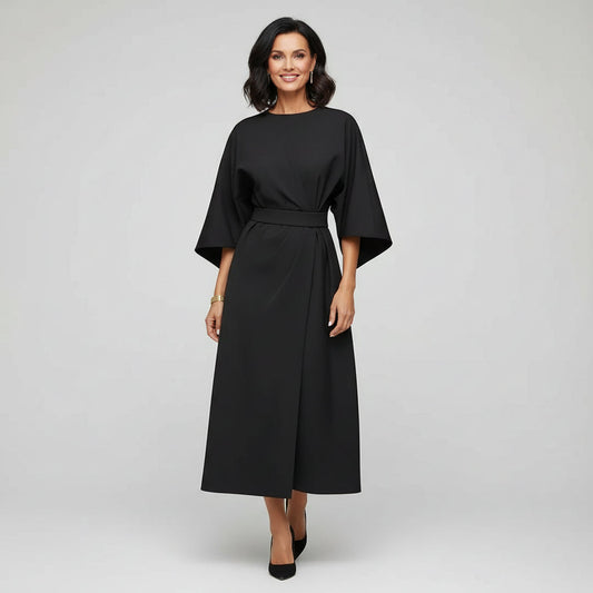 Women's Midi Dress with Belt and Wide Sleeves