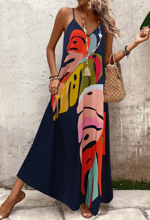 Dames Abstracte Maxi Jurk Mouwloos V Hals