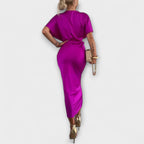 Dames Satin Maxi Jurk met V-hals en Slim Fit