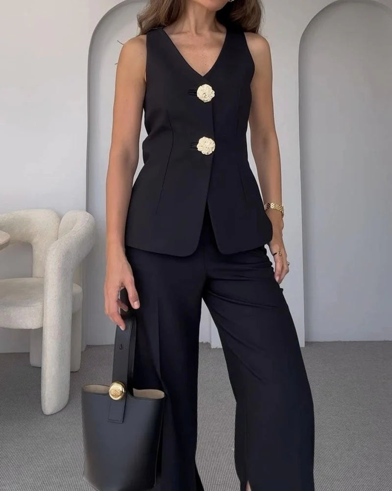 Meghan Set | Vrouwen Gouden Knop Vest en Broek Set