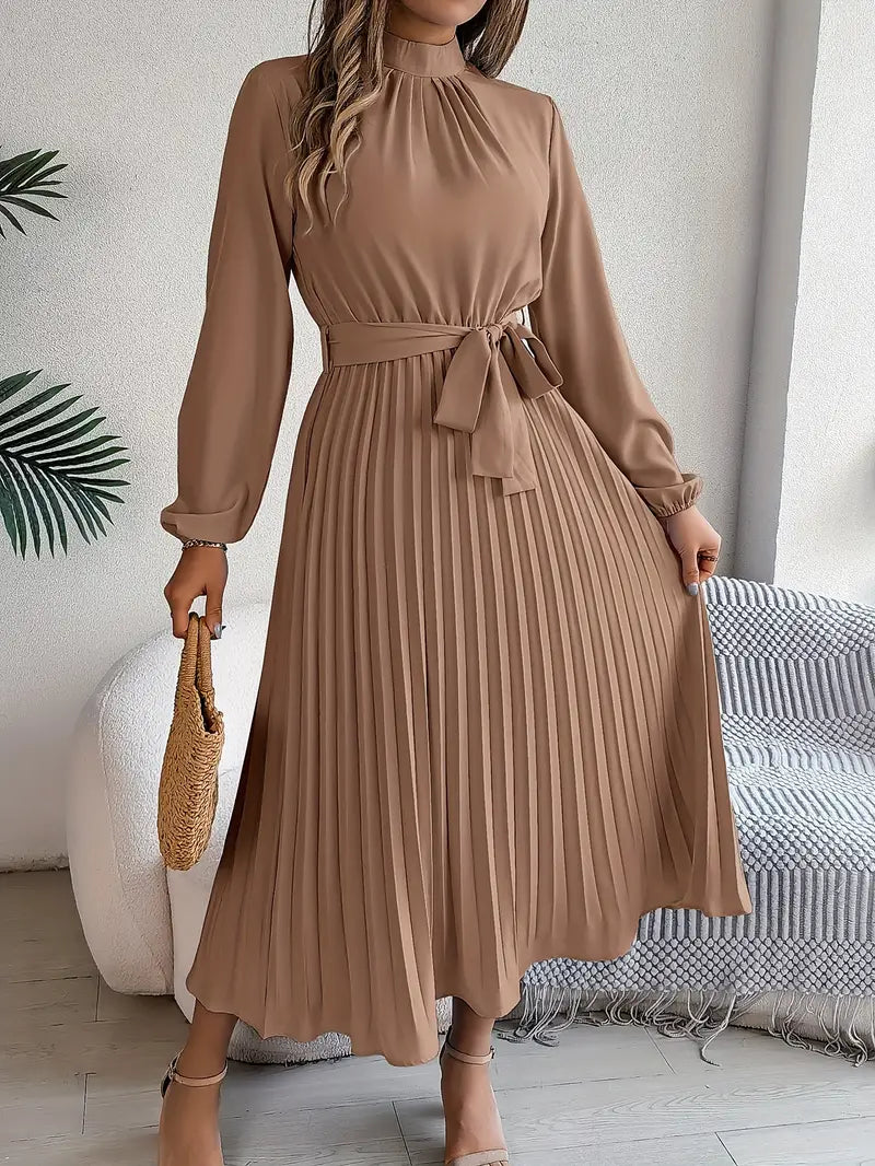 Veronica Jurk | Dames Herfst Midi Jurk met Plissé en Ceintuur