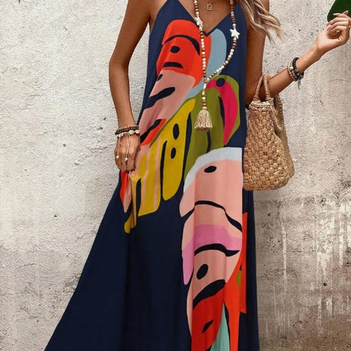 Dames Abstracte Maxi Jurk Mouwloos V Hals