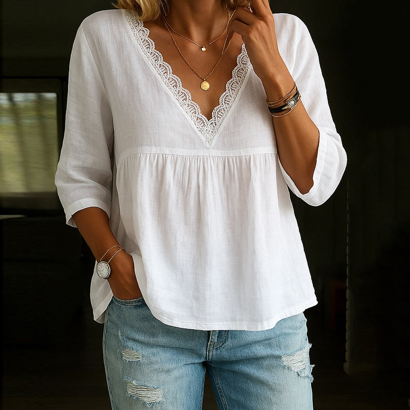 Vena Blouse | Dames 3/4 Mouw V-hals Blouse met Kantafwerking en Losse Pasvorm