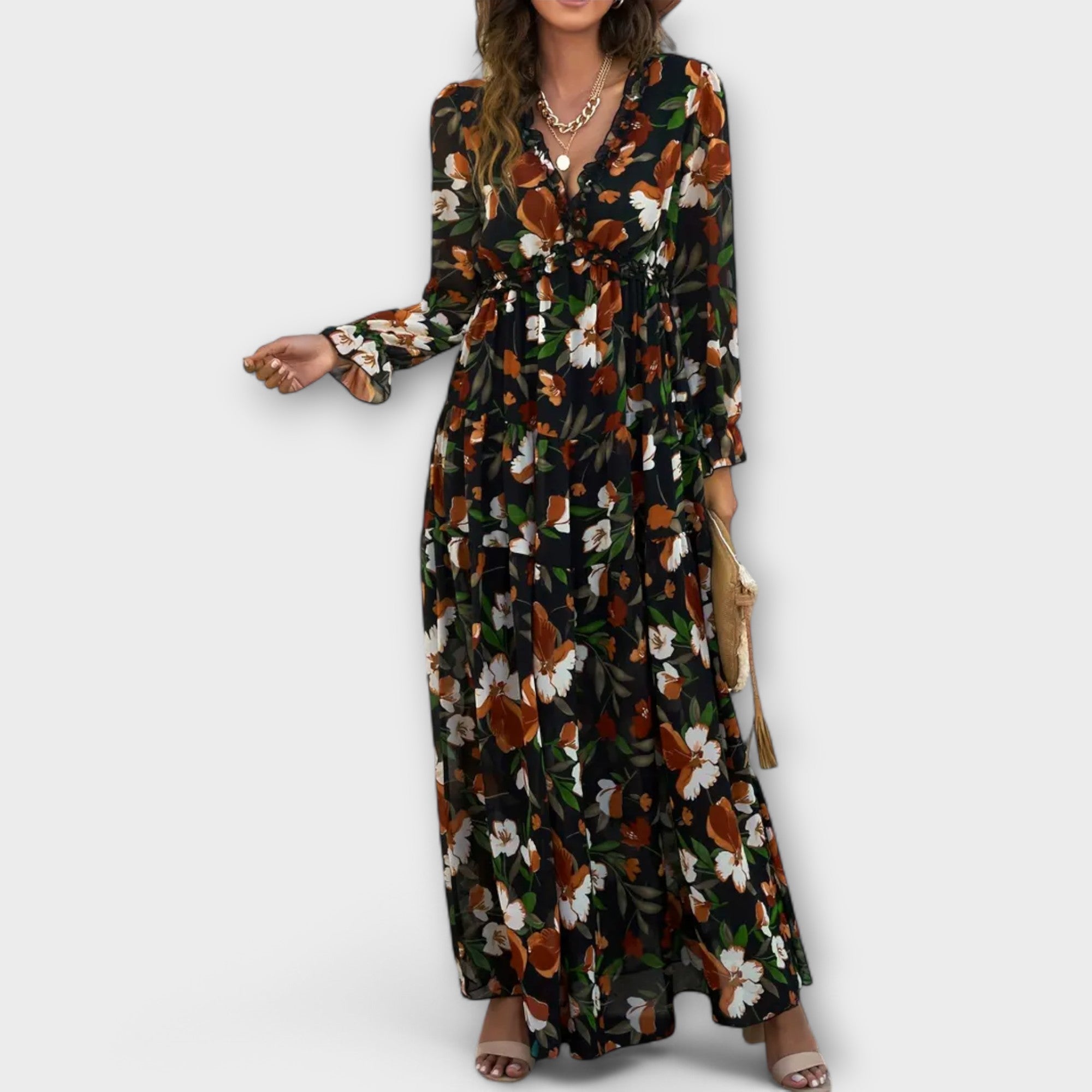 Dames Bloemenprint Maxi Jurk V Hals Lange Mouwen