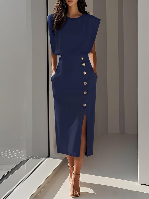 Dames Mouwloze Midi Jurk met Zijknopen