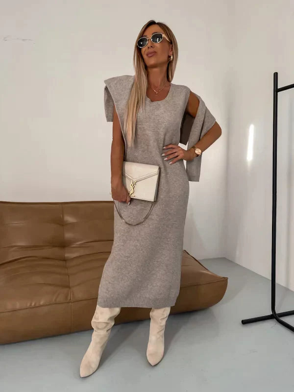 Ysandre Jurk | Herfst Gebreide Midi Jumper Jurk met Col