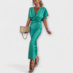 Dames Satin Maxi Jurk met V-hals en Slim Fit