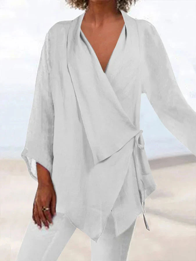 Wilda Blouse | Katoen-Linnen Wikkelblouse met Strik