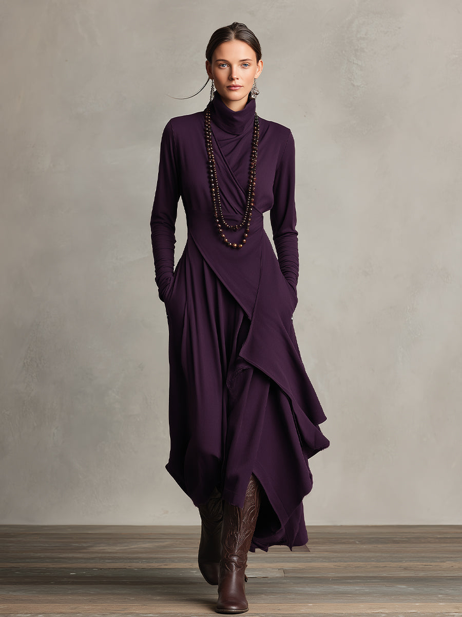 Dames Asymmetrische Gebreide Maxi Jurk met Col