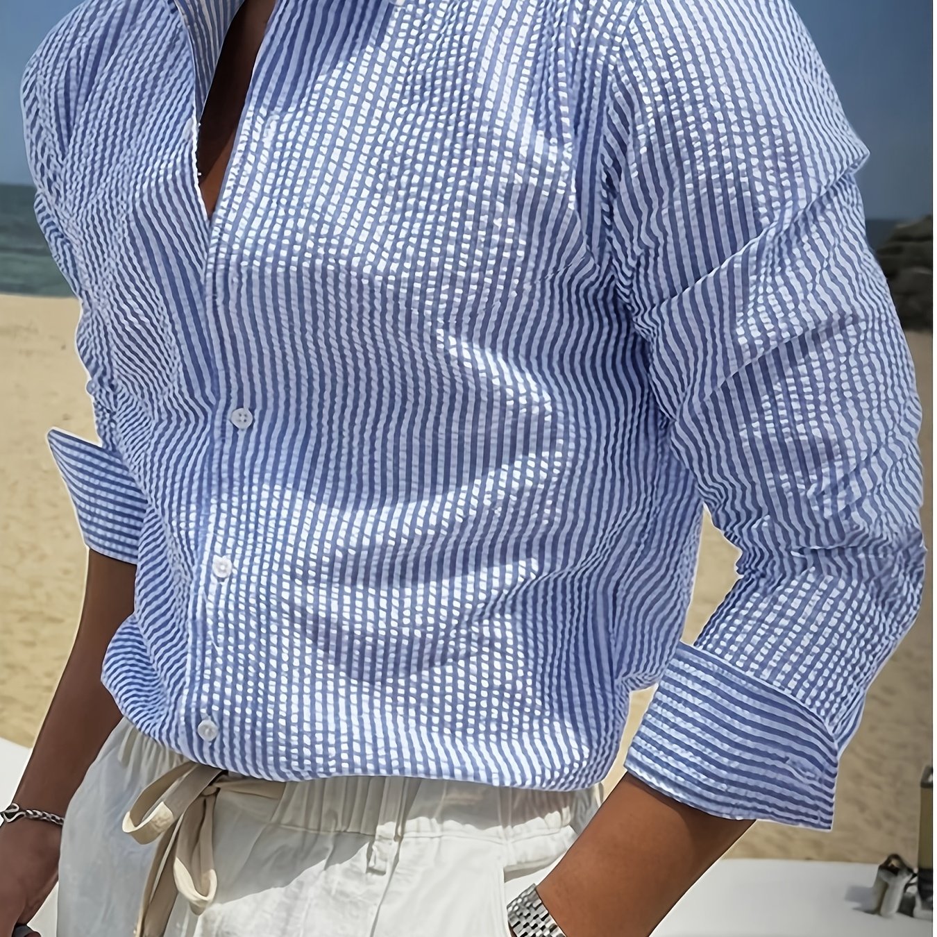 Heren Seersucker Gestreepte Zomershirt Montarello
