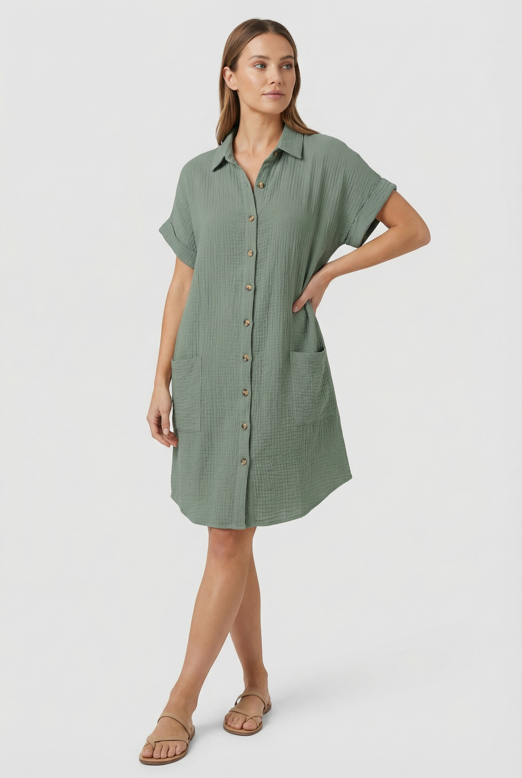 Women's Cotton Blend Shirt Mini Dress Short Sleeve