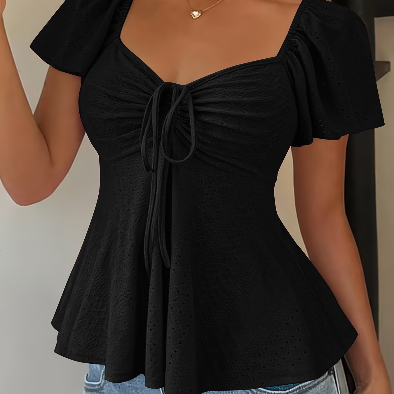 Dames Zomer Blouse Met Trekkoord En V Hals