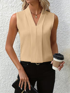 Dames Geplooide Mouwloze Blouse met V Hals