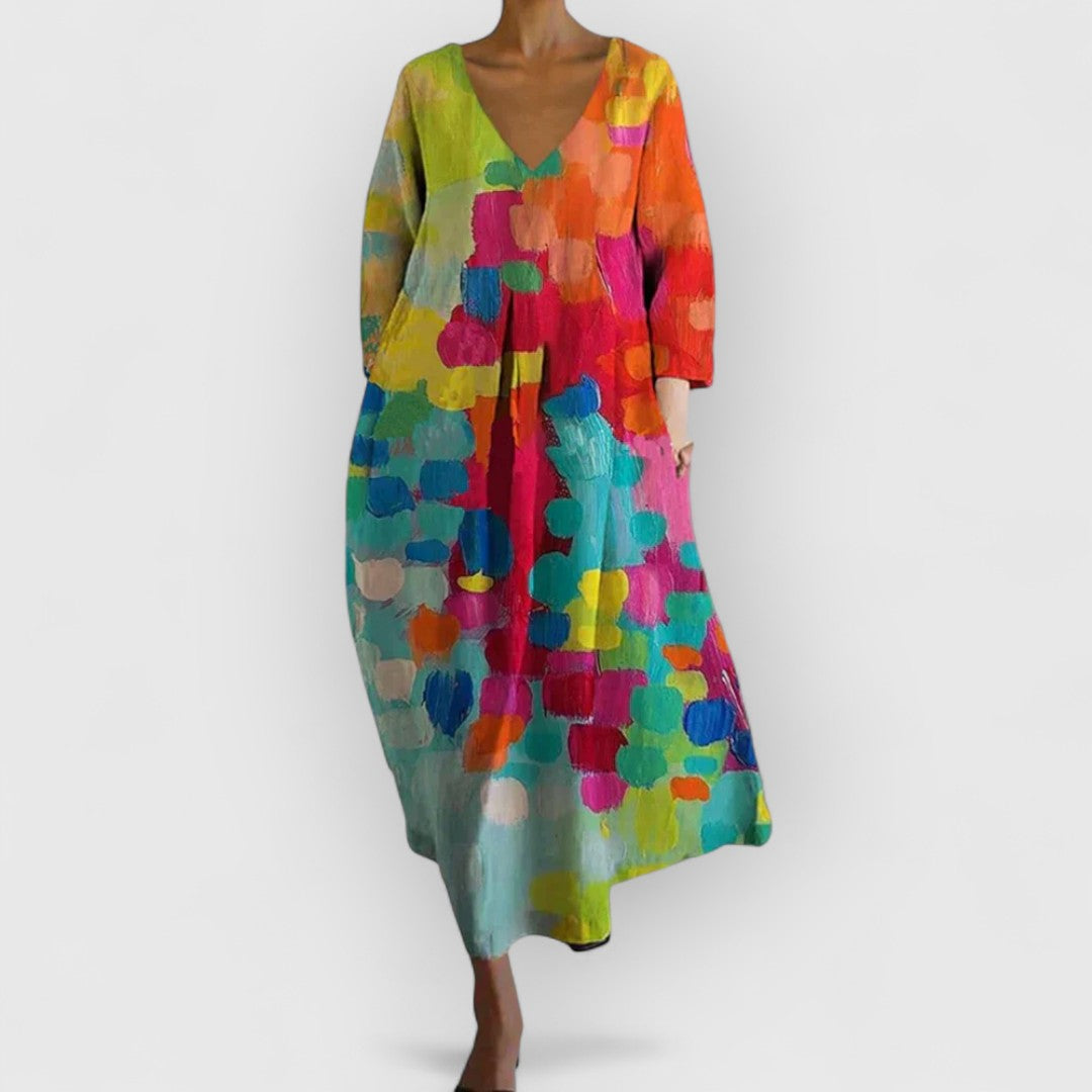 Dames Midi Jurk met V-hals en Kleurrijk Ontwerp
