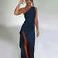 Finja Maxi Jurk | Satijnen Asymmetrische Schouderjurk met Slit - Carla Moda