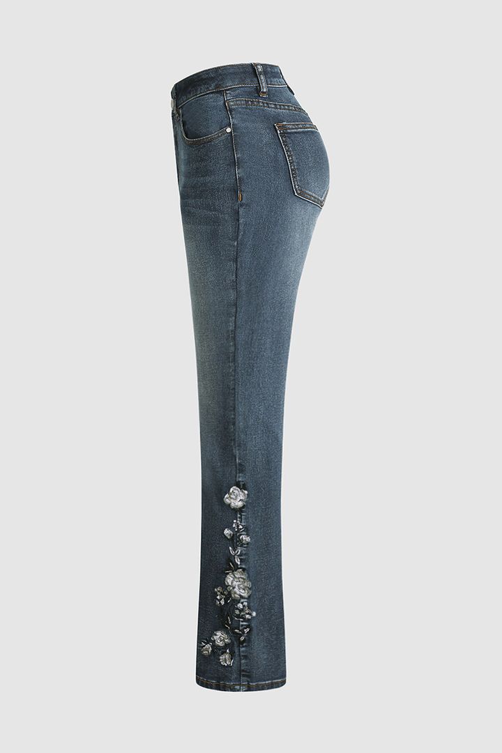 Belka Jeans | Midden taille Flamingo Geborduurde Jeans