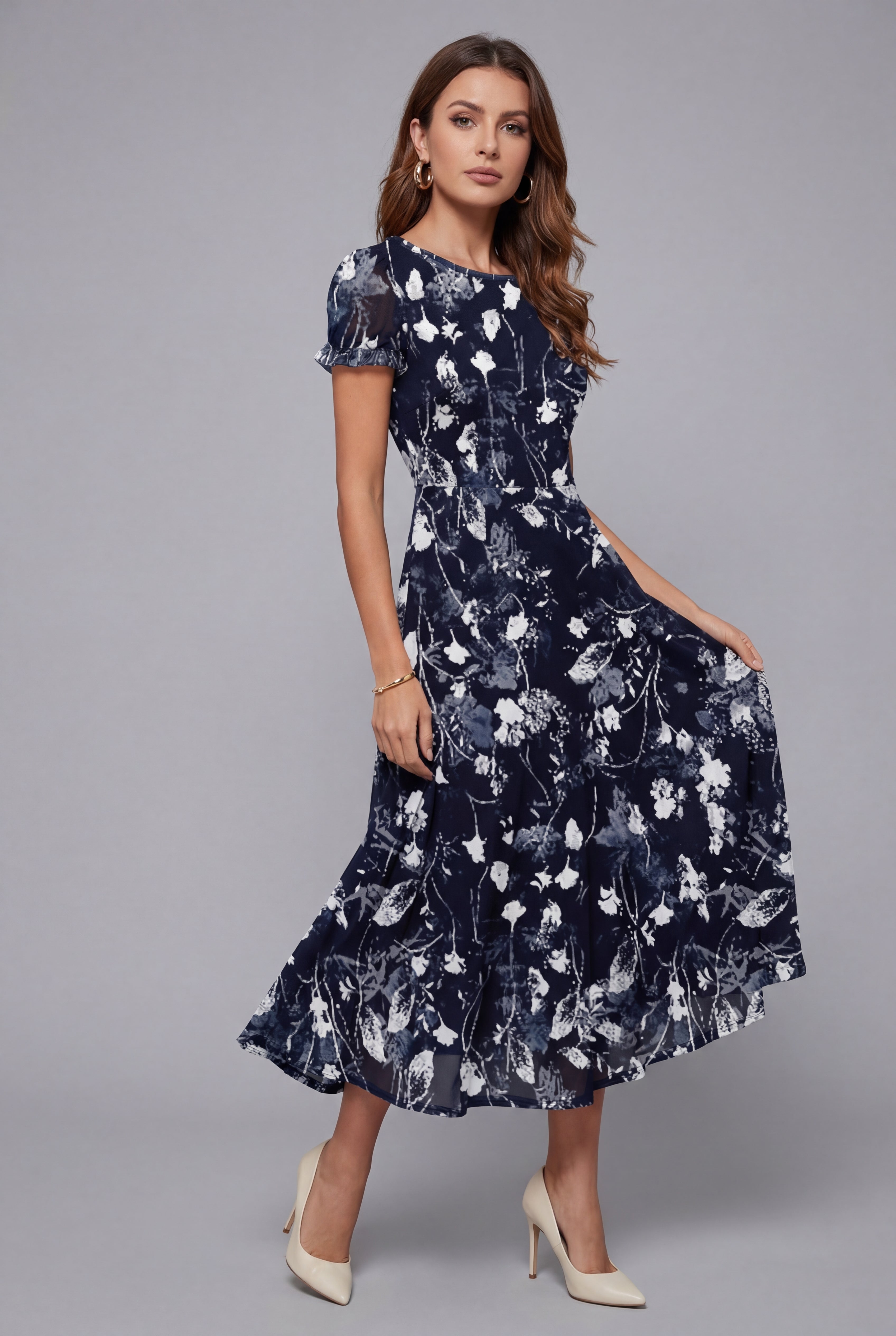 Dames Bloemenprint Midi Jurk Korte Mouwen