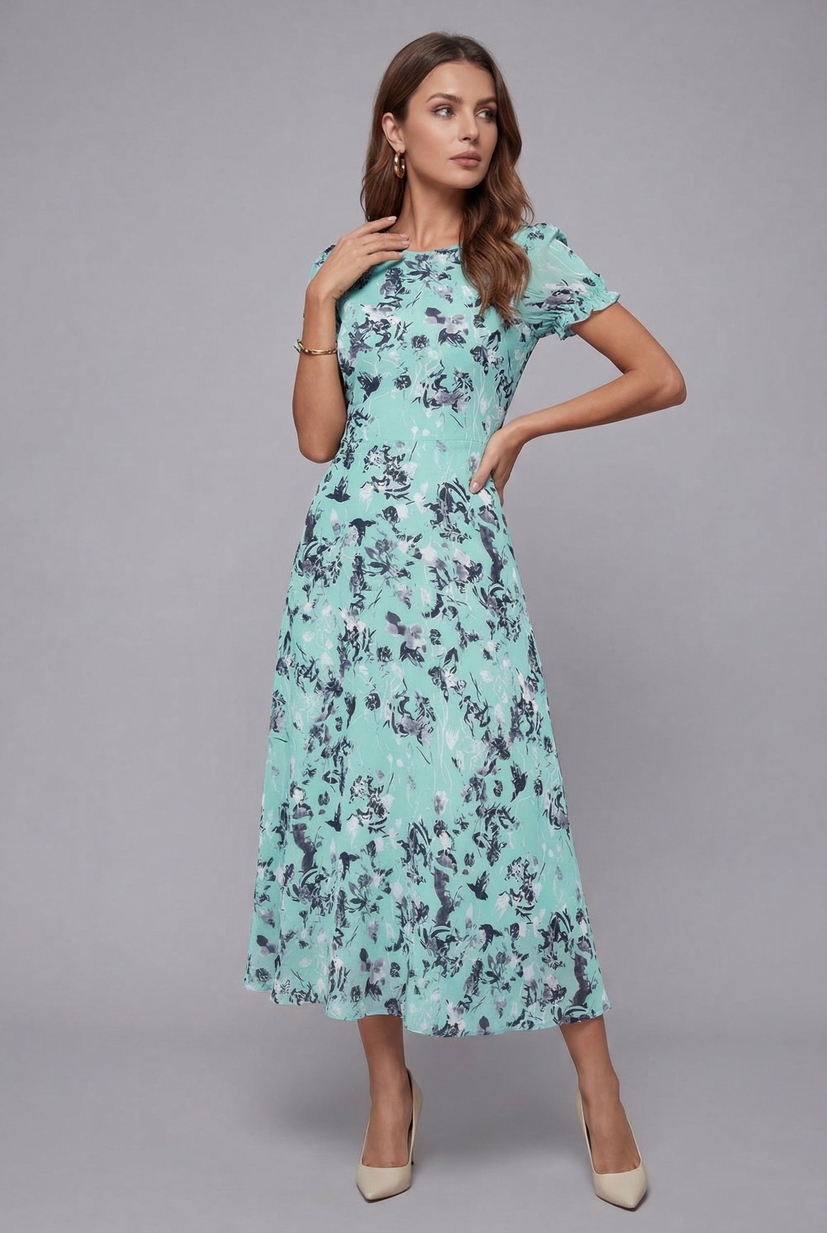Dames Bloemenprint Midi Jurk Korte Mouwen