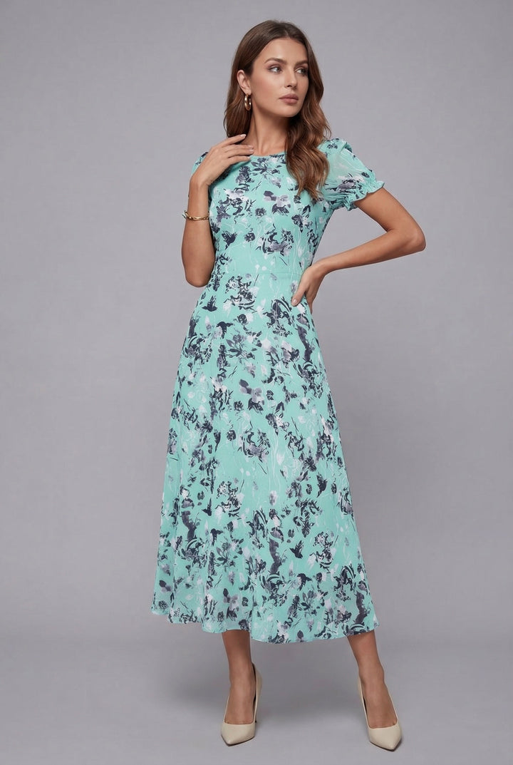 Dames Bloemenprint Midi Jurk Korte Mouwen