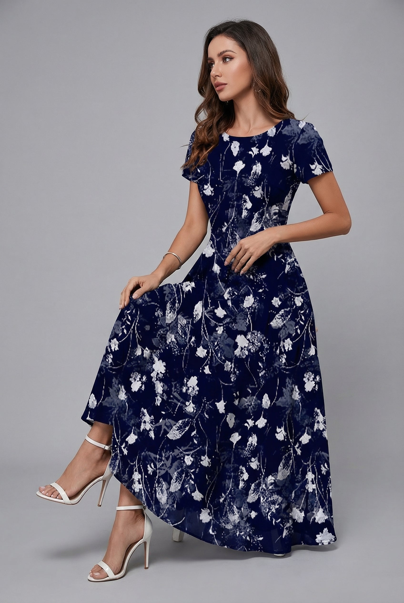 Dames Bloemenprint Midi Jurk Korte Mouwen