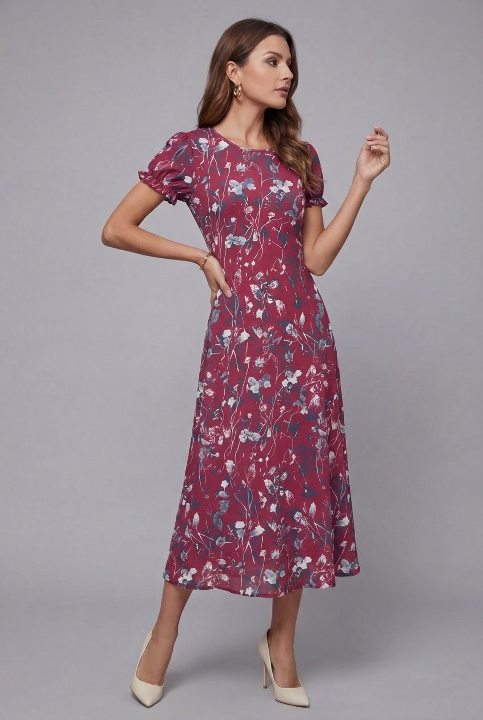 Dames Bloemenprint Midi Jurk Korte Mouwen