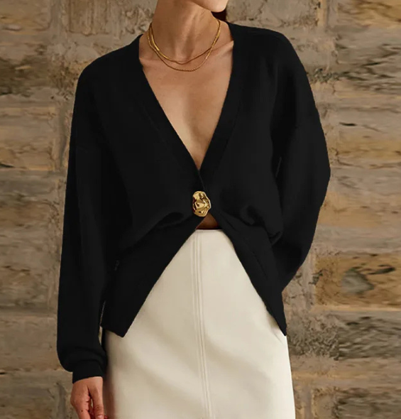 Calypso Vest | Dames Herfst Gebreid Vest met Goudkleurige Knop en Diepe V-Hals