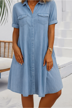 Dames Lichte Denim Look Midi Jurk