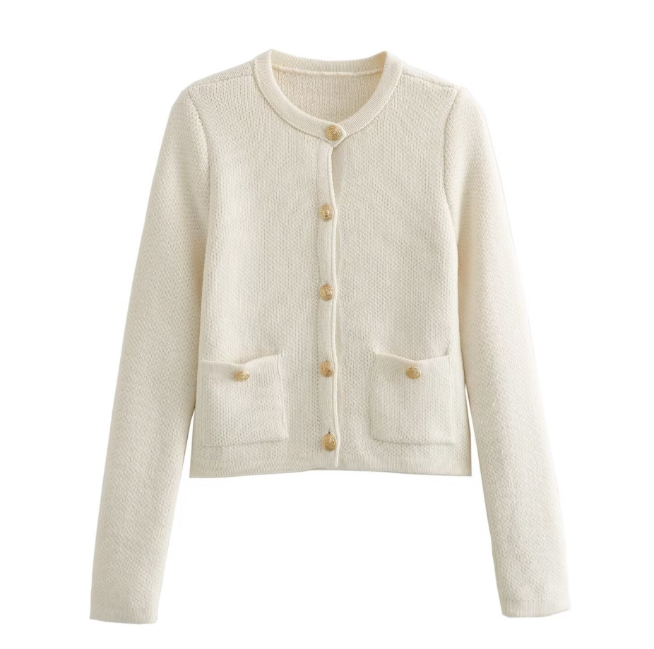 Wendy Vest | Dames Herfst Witte Gebreide Cardigan met Metalen Knoopdetails