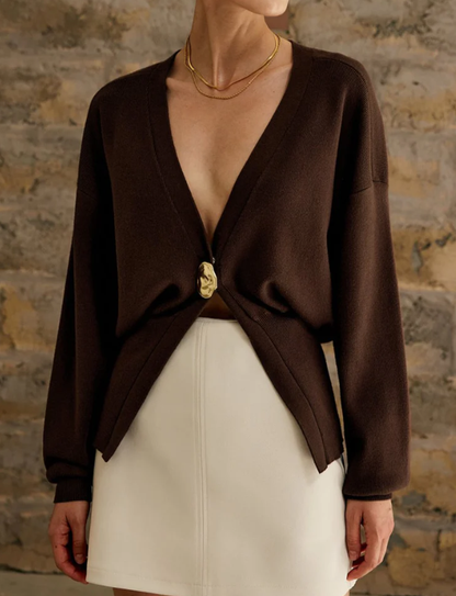 Calypso Vest | Dames Herfst Gebreid Vest met Goudkleurige Knop en Diepe V-Hals