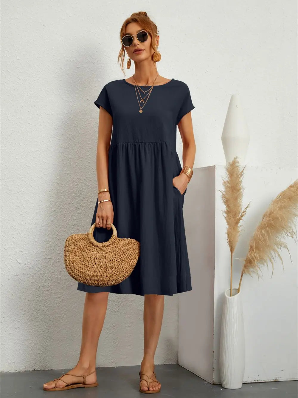 Dames Casual Midi Jurk met Zijzakken