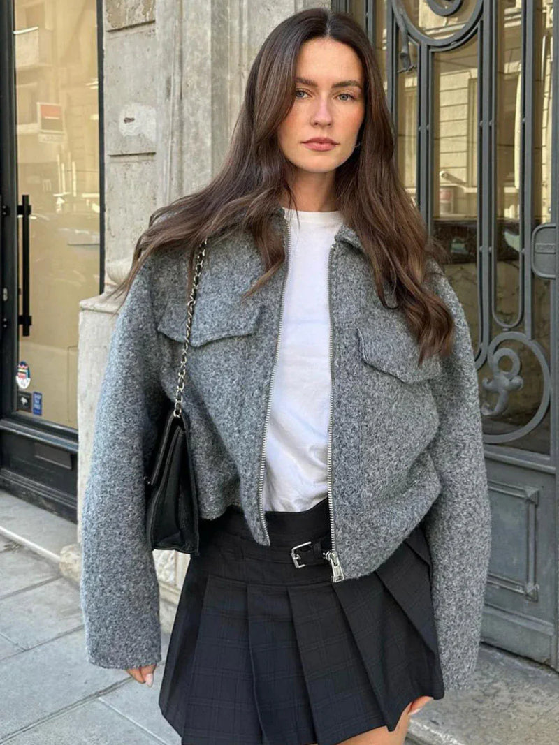 Zafira Jas | Herfst Cropped Wolmix Jas met Rits