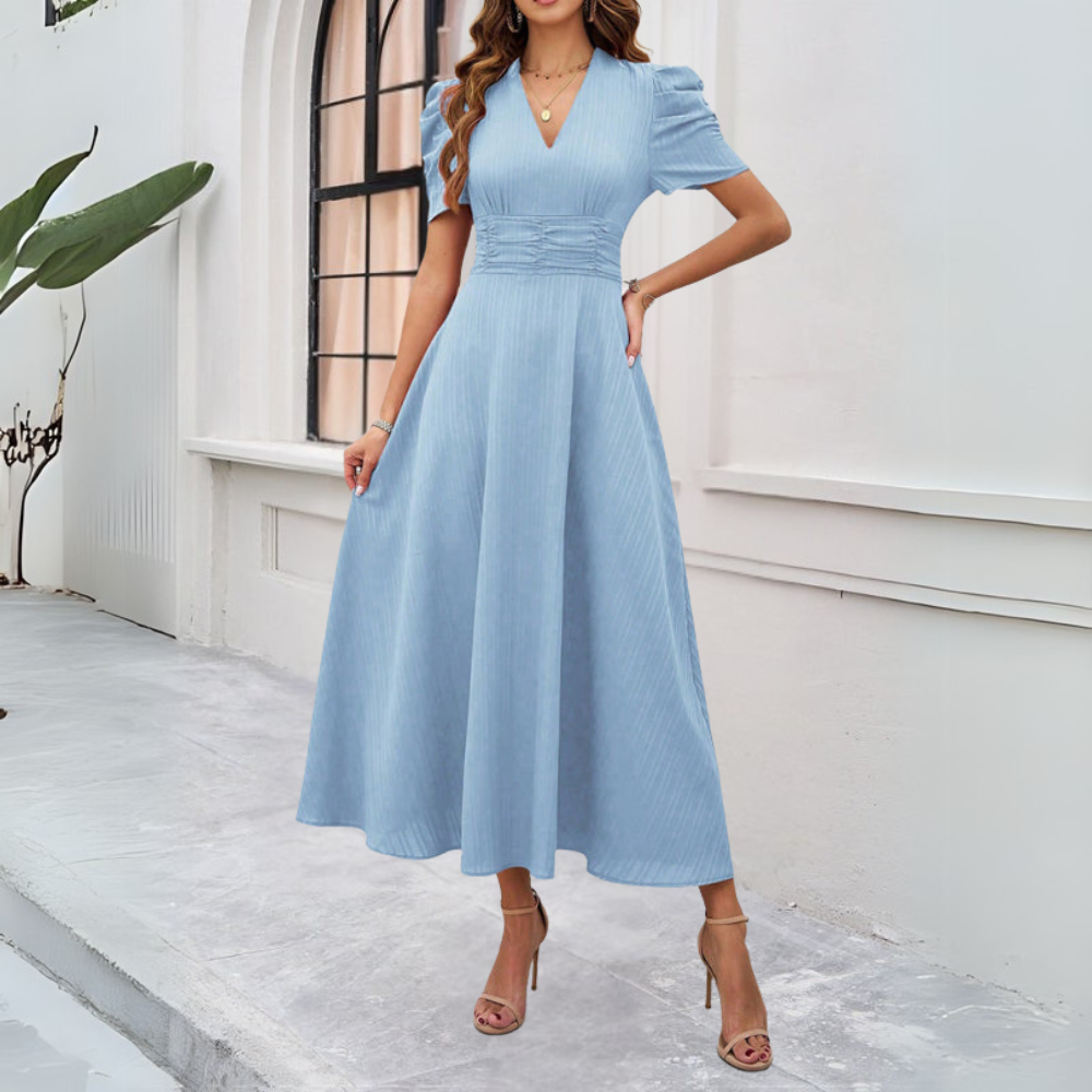 Verona Jurk | Dames Herfst Maxi Jurk met V-Hals, Pofmouwen en Getailleerde Taille