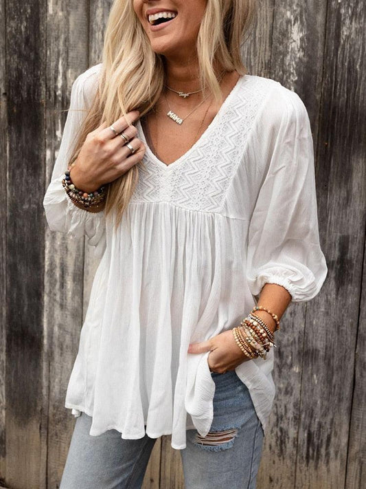 Lizah Blouse | Witte Geborduurde Tuniek Blouse met V-Hals en Lange Mouwen - Carla Moda