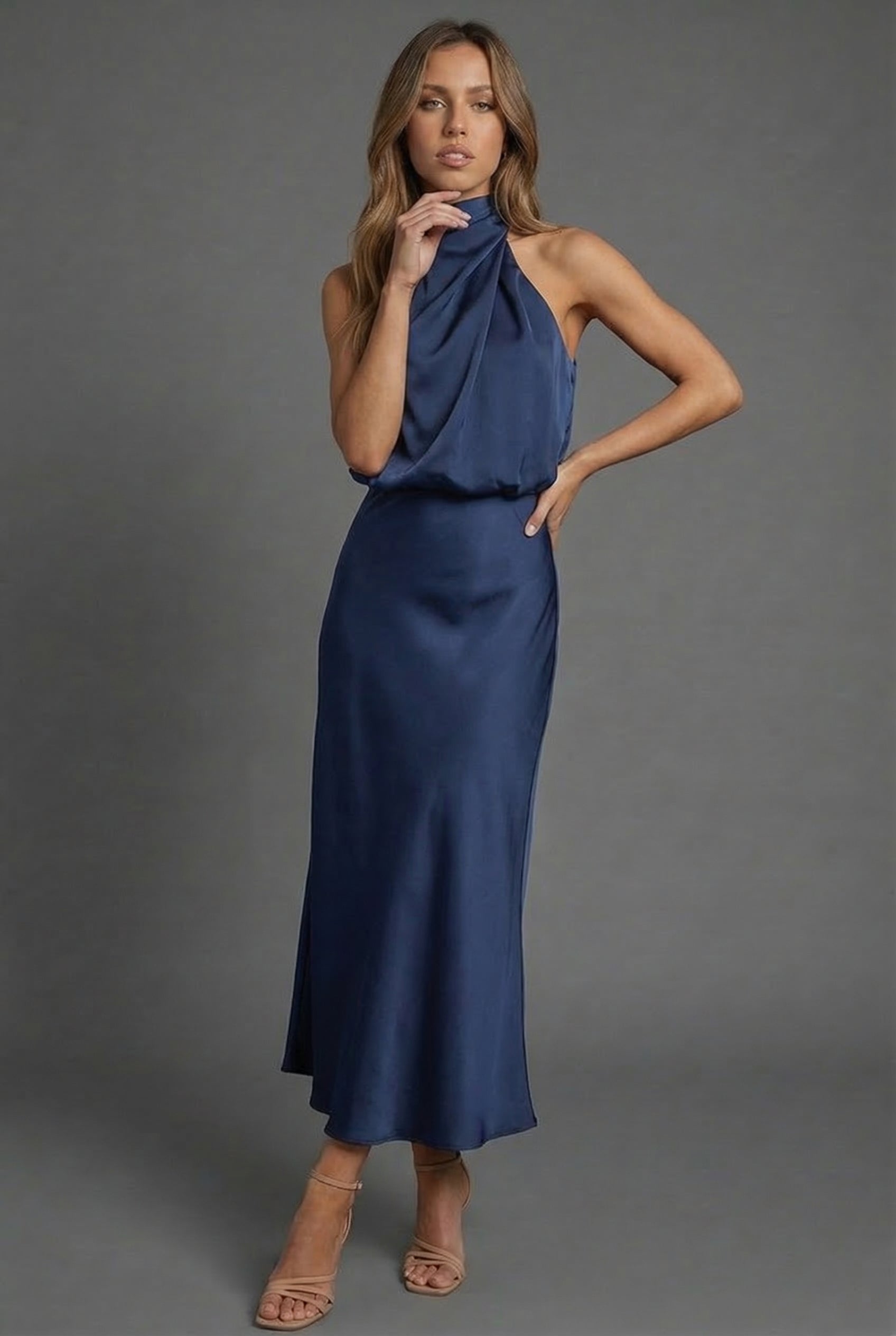 Dames Halter Midi Jurk Satijnen Stijl