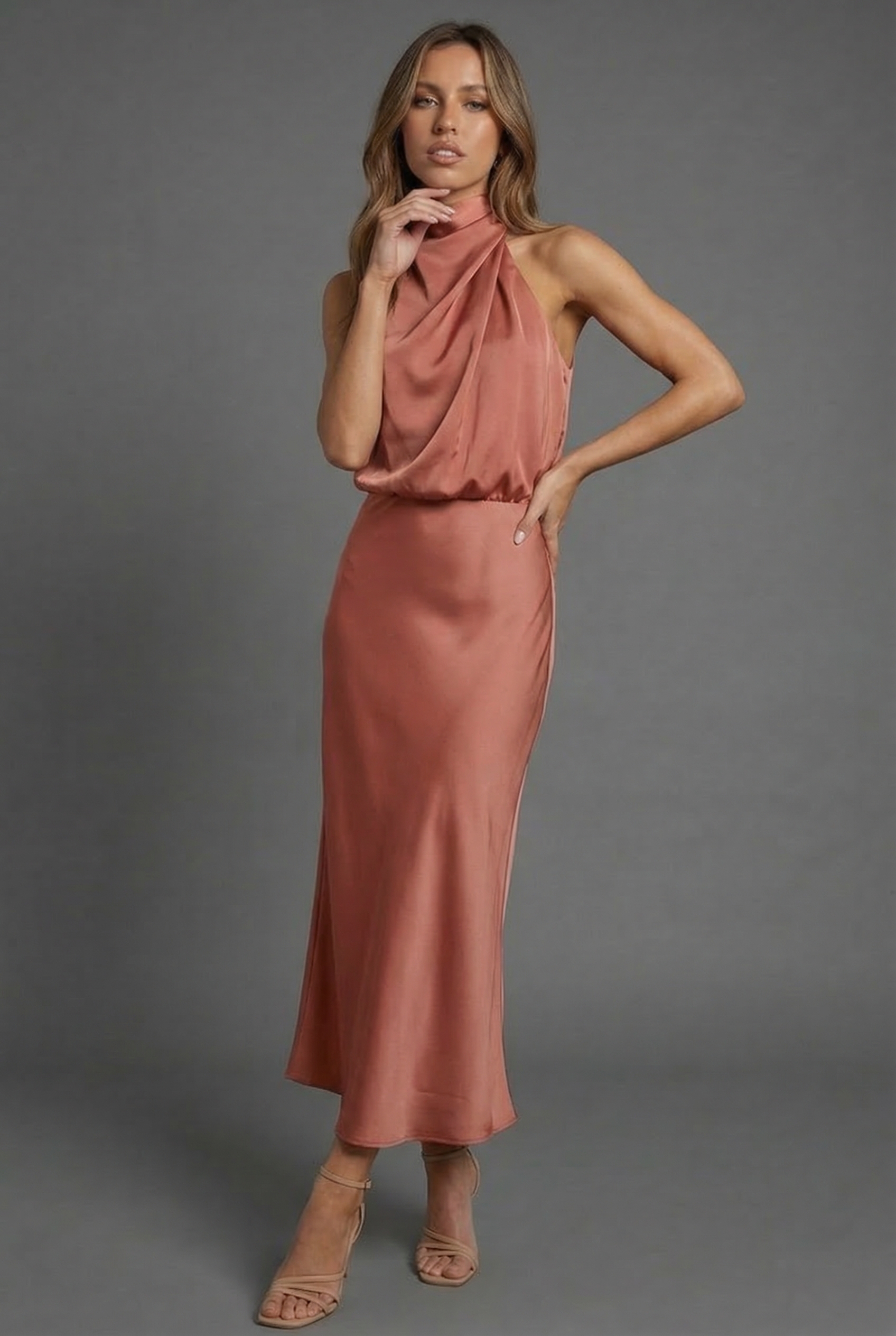 Dames Halter Midi Jurk Satijnen Stijl