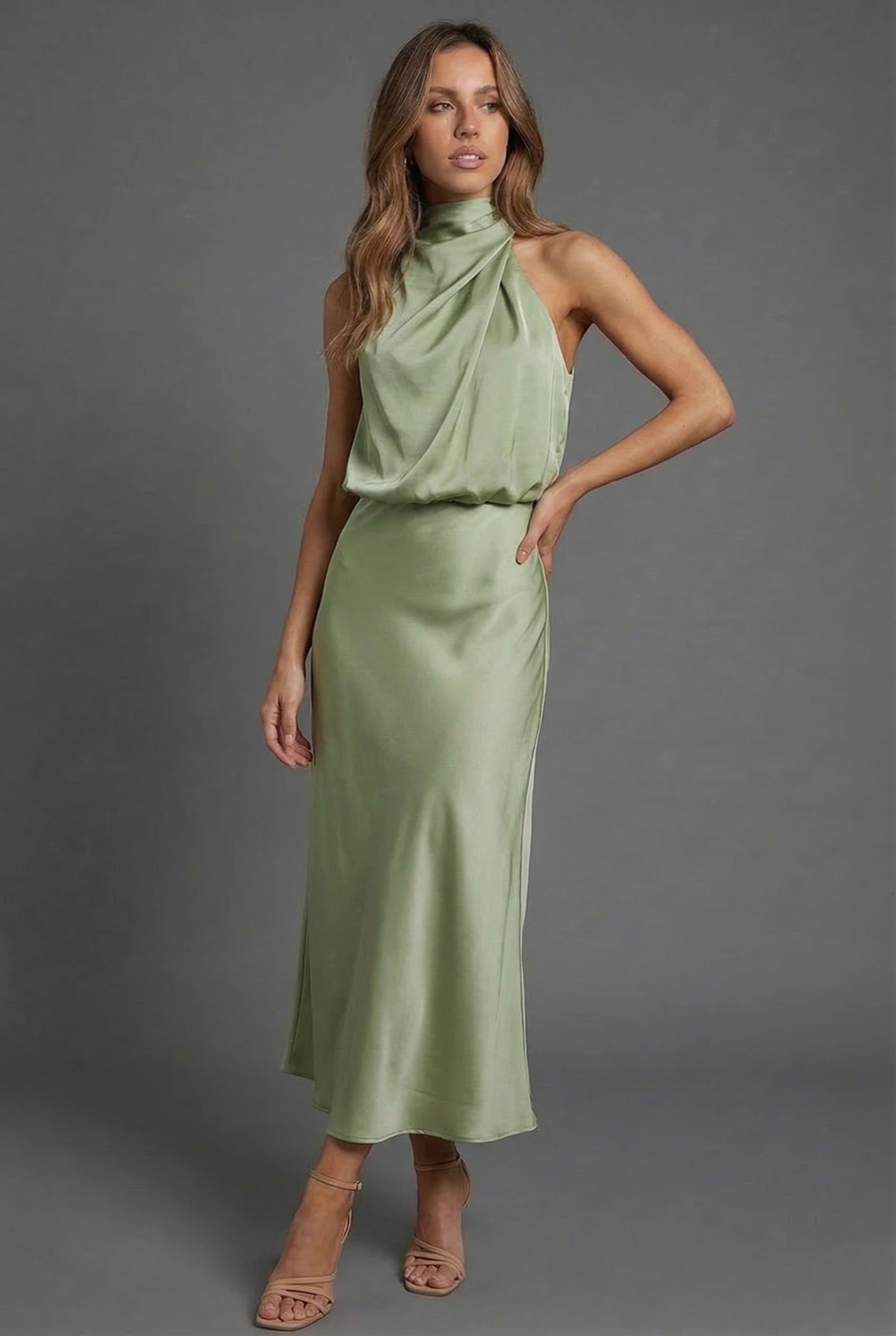 Dames Halter Midi Jurk Satijnen Stijl