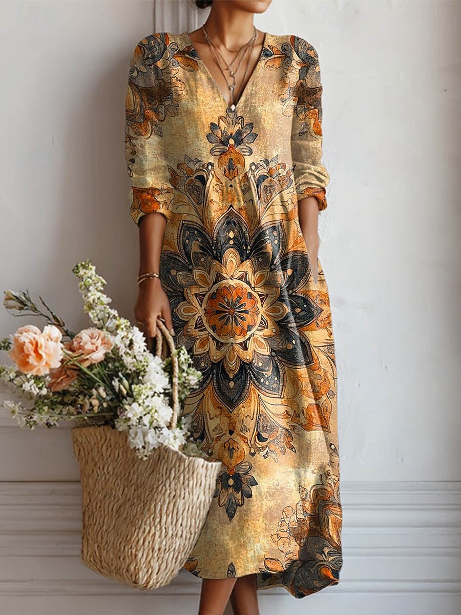 Dames Vintage Comfort Midi Jurk Ambachtelijke Stijl