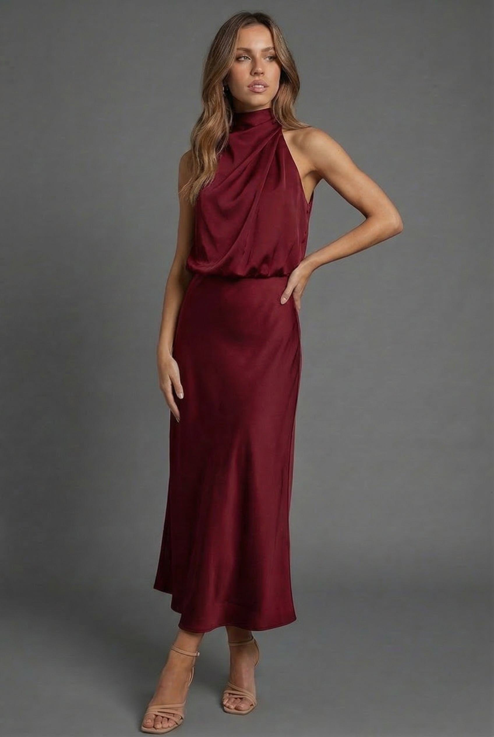 Dames Halter Midi Jurk Satijnen Stijl