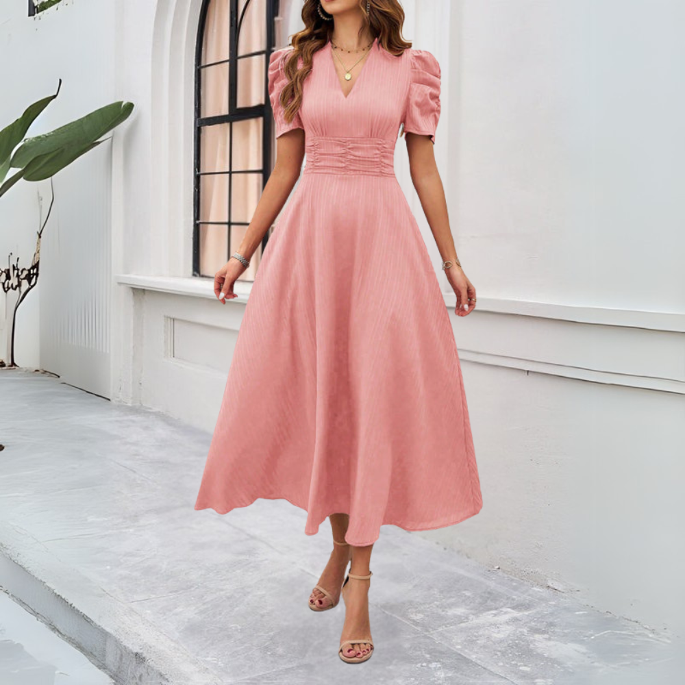 Verona Jurk | Dames Herfst Maxi Jurk met V-Hals, Pofmouwen en Getailleerde Taille