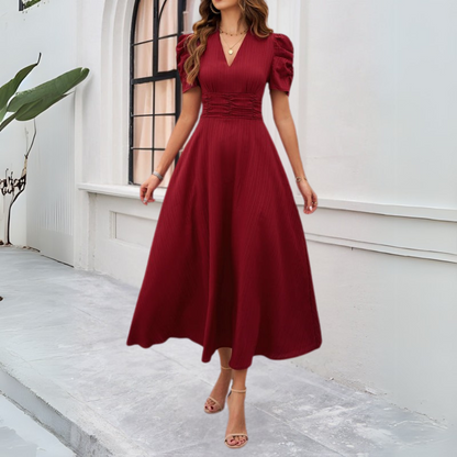Verona Jurk | Dames Herfst Maxi Jurk met V-Hals, Pofmouwen en Getailleerde Taille