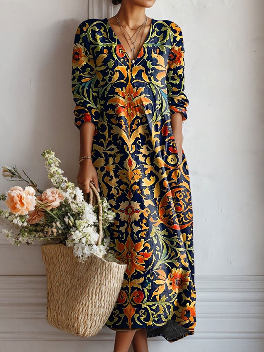 Dames Comfort Midi Jurk Gouden Veldstijl