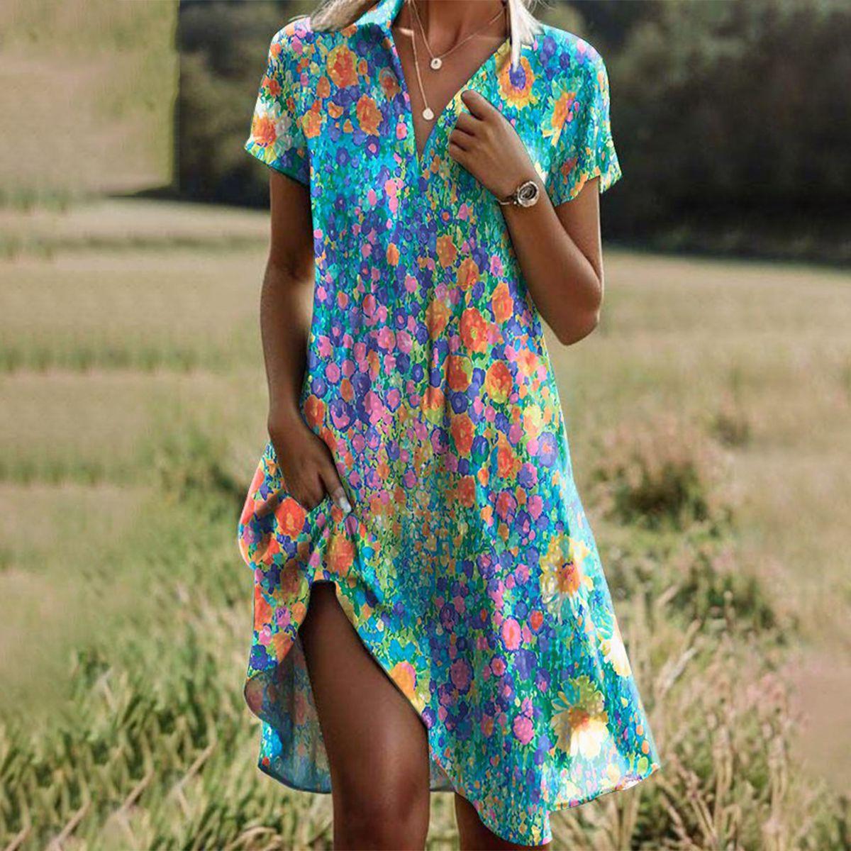 Dames Zomer Midi Jurk V Hals Korte Mouwen