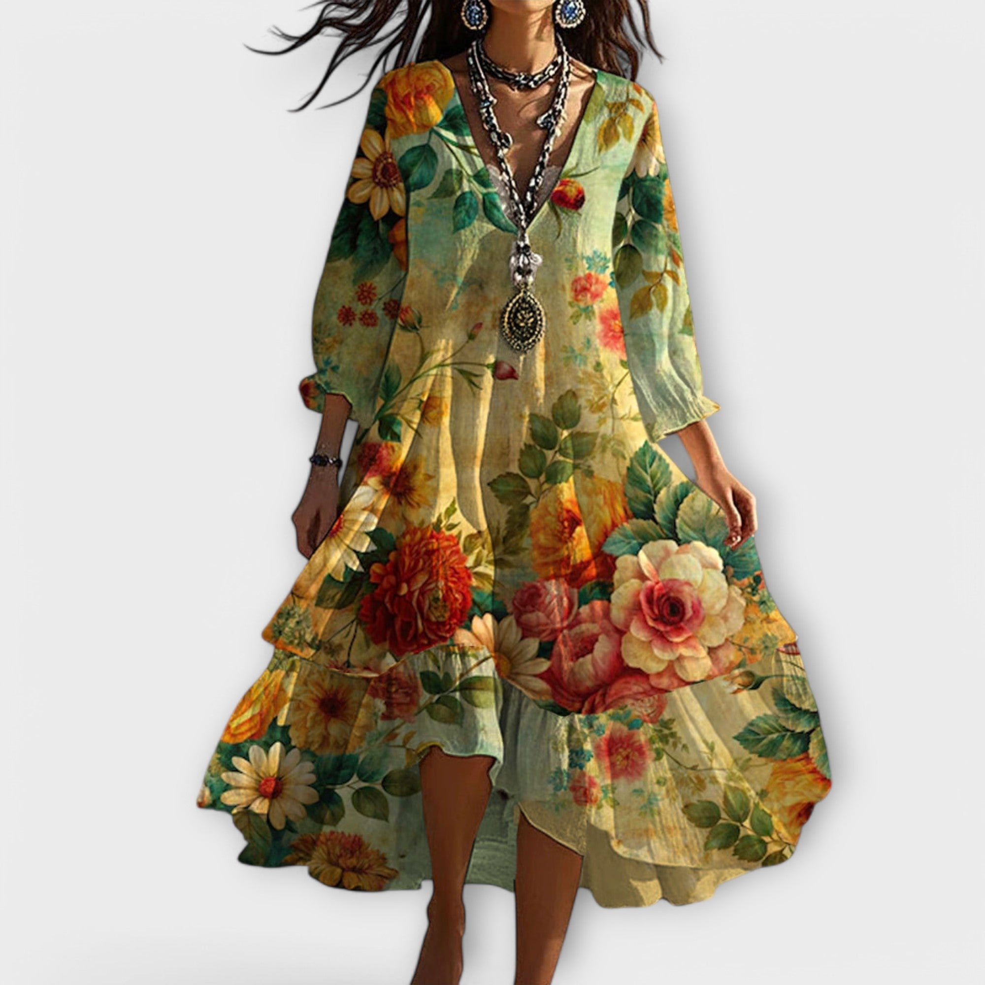 Dames Bohemian Bloemenprint Midi Jurk V Hals