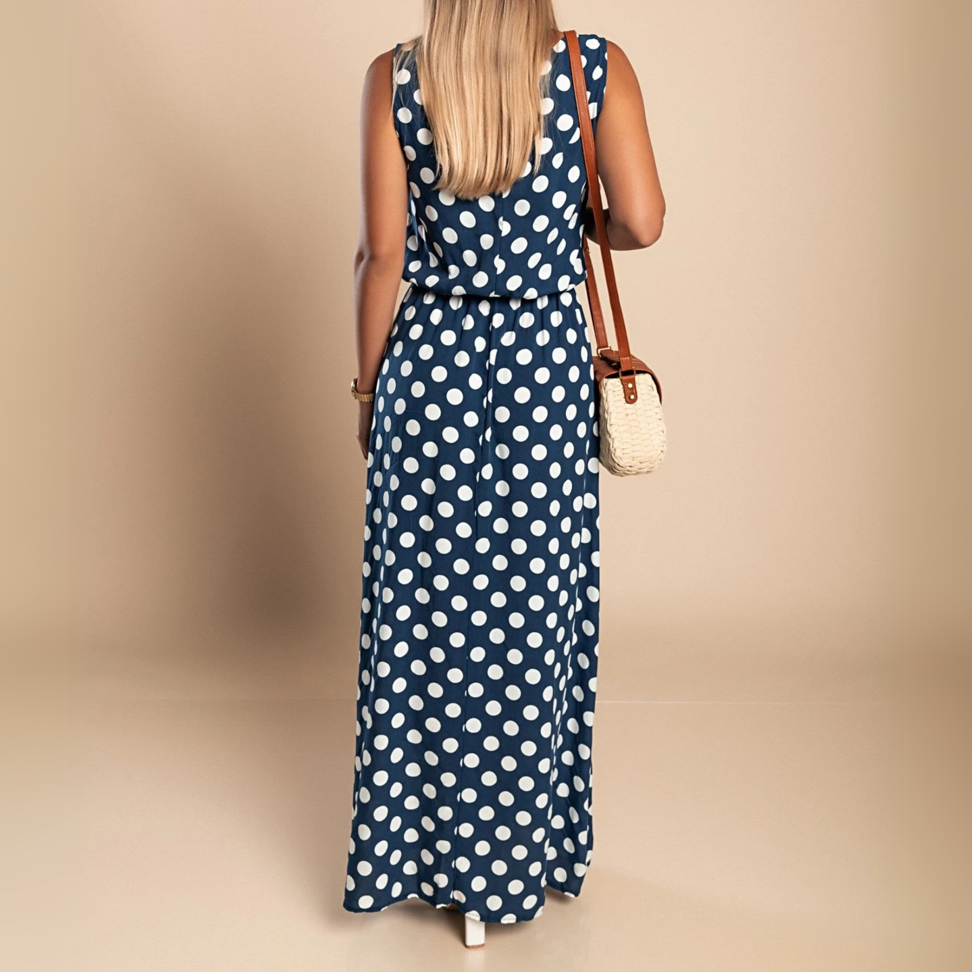 Dames Mouwloze Maxi Jurk Stippenprint