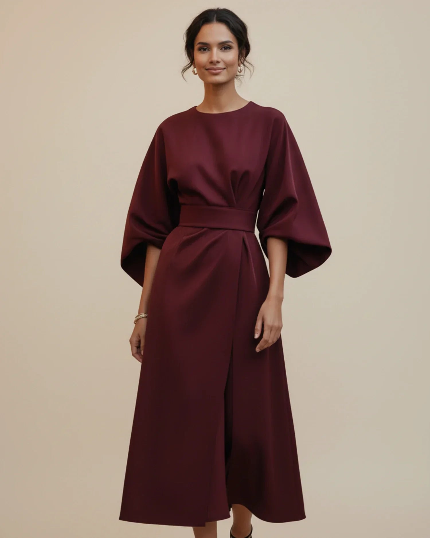 Dames Midi Jurk Lantaarnmouwen met Riem