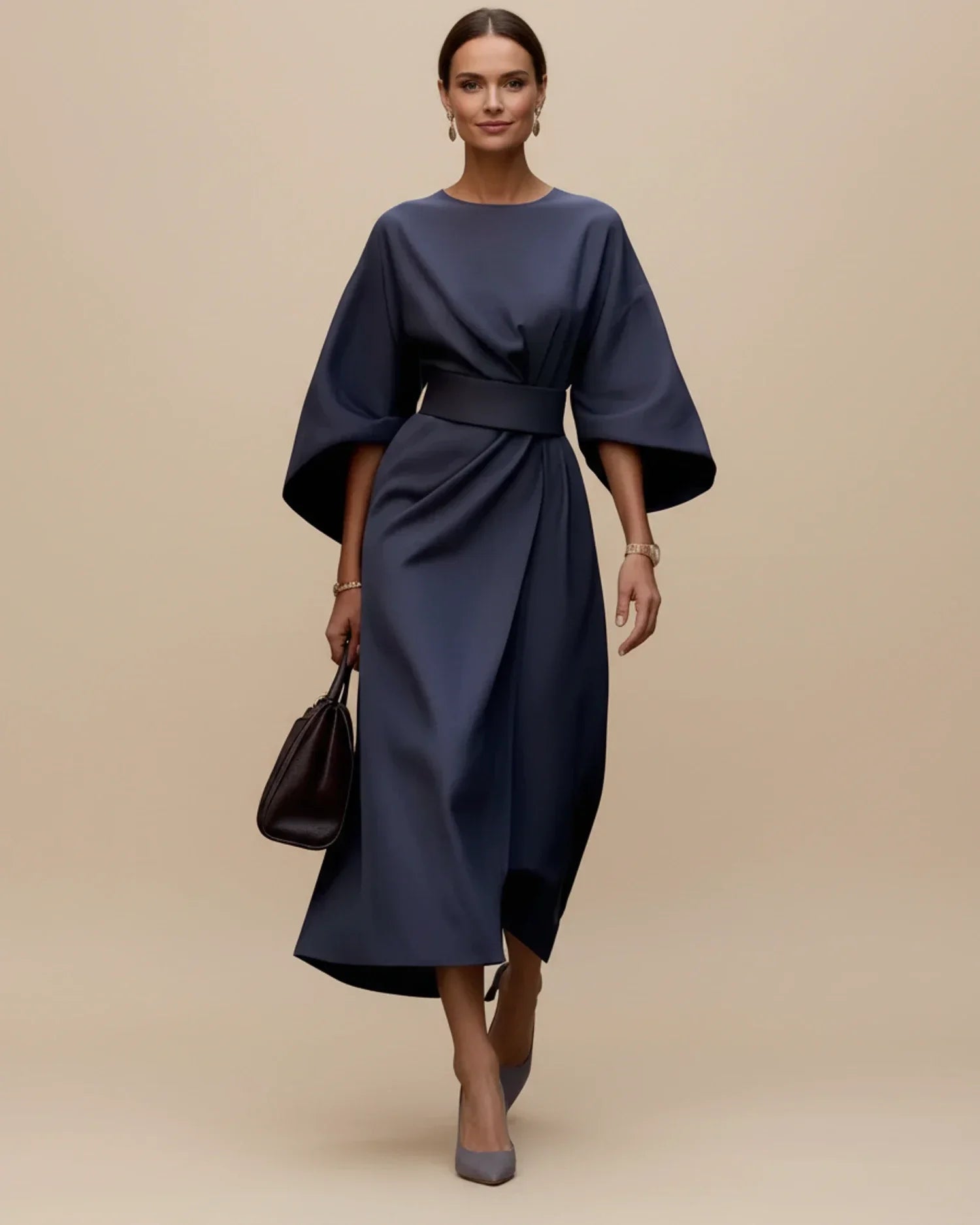 Dames Midi Jurk Lantaarnmouwen met Riem